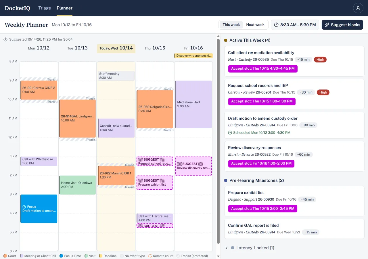 The weekly planner: court dates and meetings on a Monday-to-Friday calendar, an accepted focus block, suggested slots, and the week's open tasks.