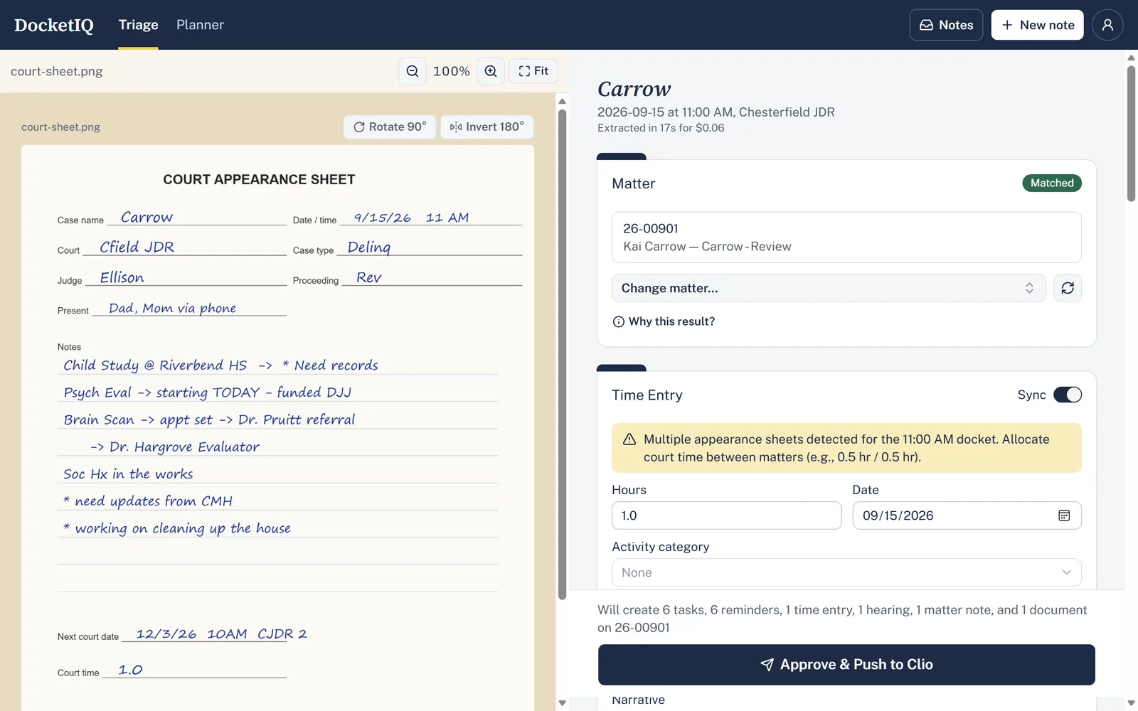 The review screen: a handwritten court sheet on the left, and on the right the matter it was matched to, the draft time entry, and Approve & Push to Clio.