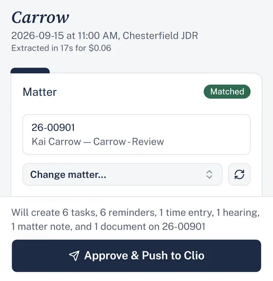 The draft on a phone: the case name, the matched matter, and what will be created in Clio.